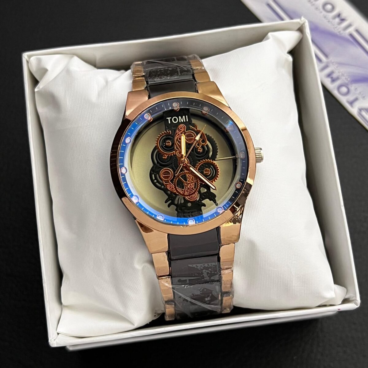 TOMI Skeleton Dial Watch for Men – Metallic Chain | Quartz Movement | Gift Box Included - Image 1