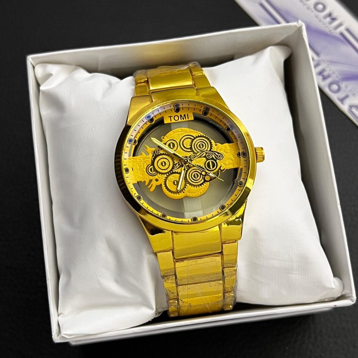 TOMI Skeleton Dial Watch for Men – Metallic Chain | Quartz Movement | Gift Box Included - Image 2