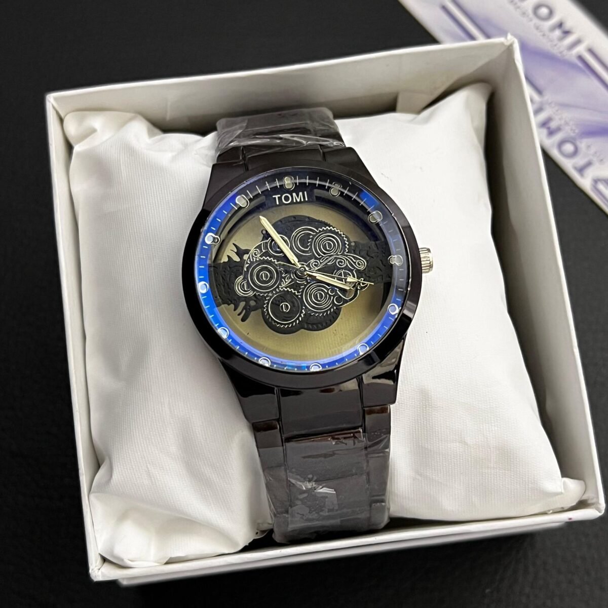 TOMI Skeleton Dial Watch for Men – Metallic Chain | Quartz Movement | Gift Box Included - Image 3