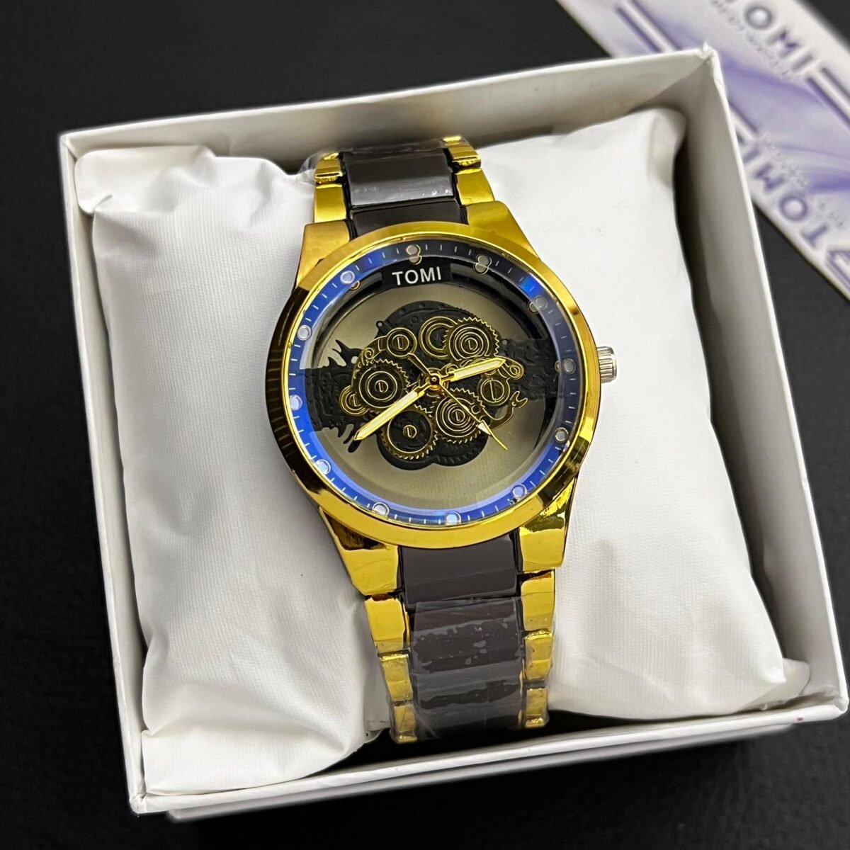 TOMI Skeleton Dial Watch for Men – Metallic Chain | Quartz Movement | Gift Box Included - Image 5