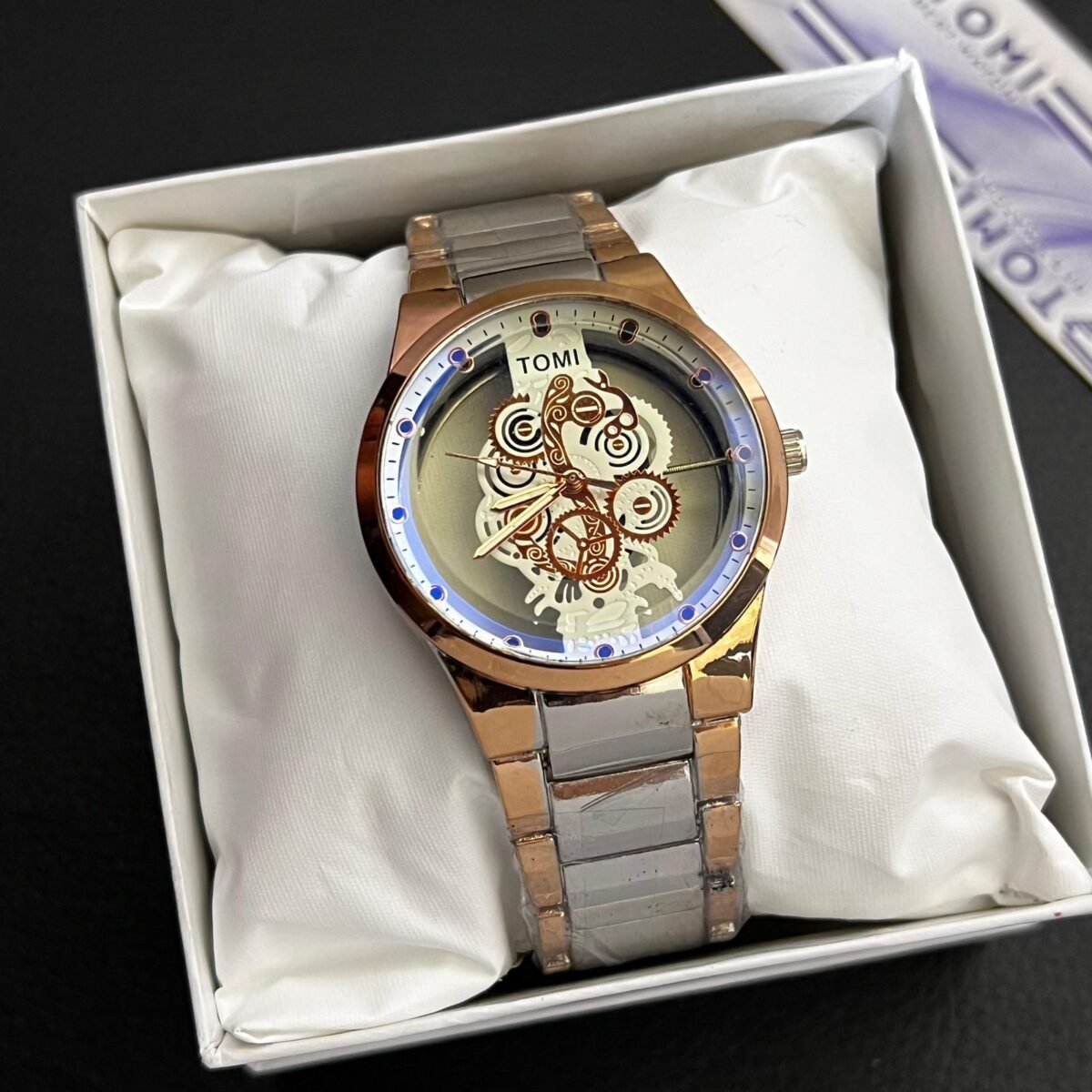TOMI Skeleton Dial Watch for Men – Metallic Chain | Quartz Movement | Gift Box Included - Image 6