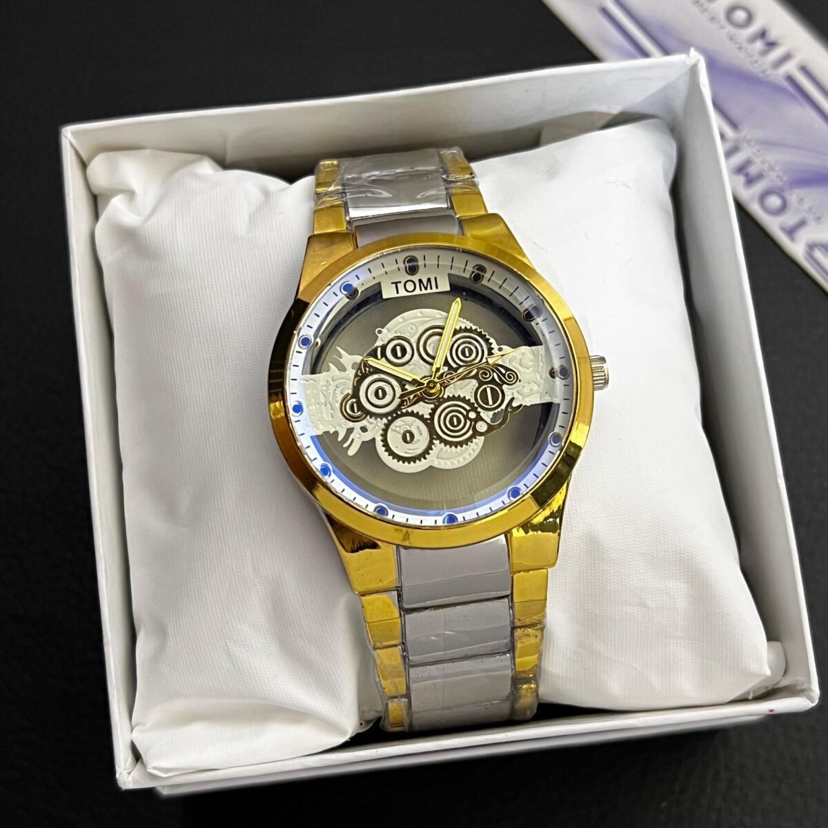 TOMI Skeleton Dial Watch for Men – Metallic Chain | Quartz Movement | Gift Box Included - Image 7