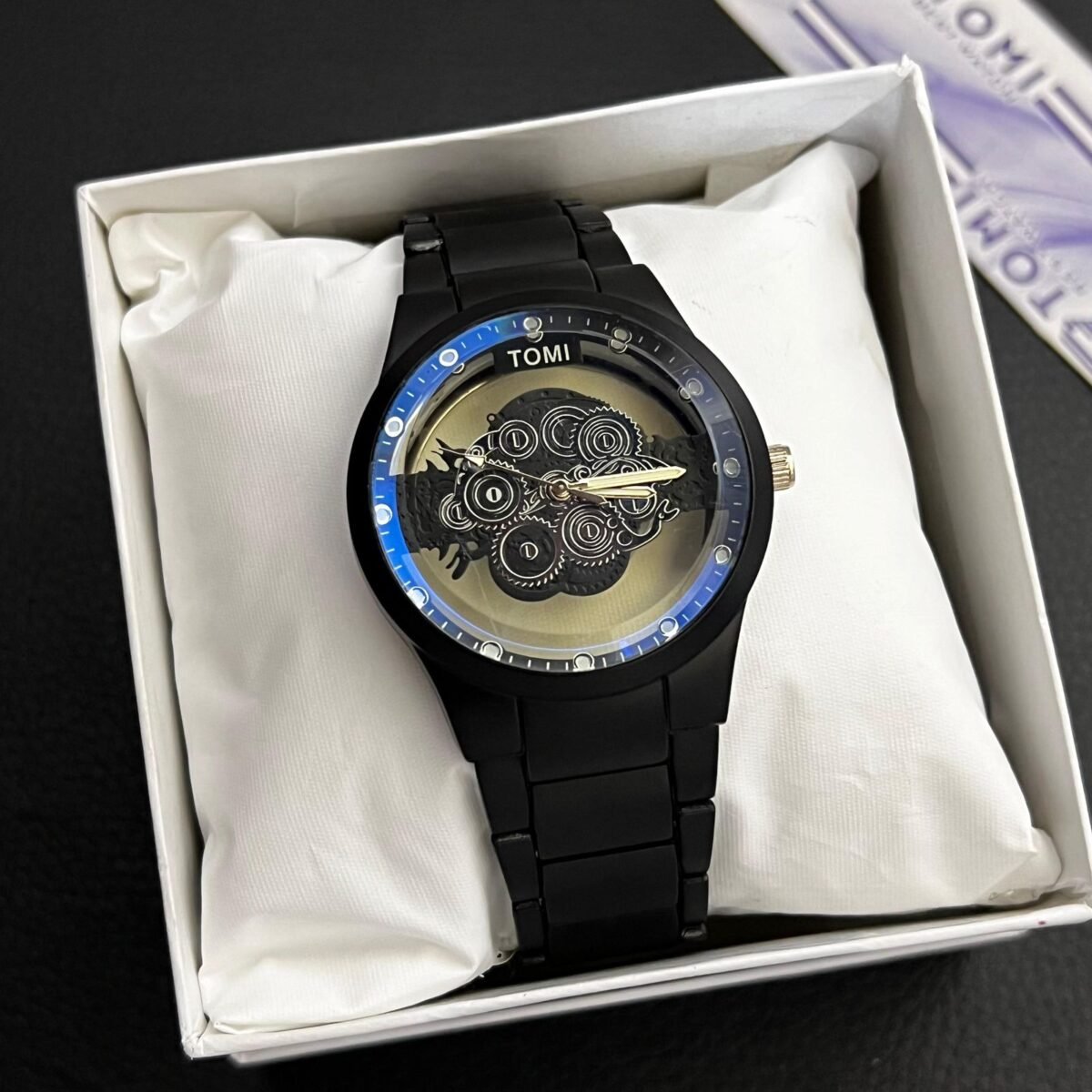 TOMI Skeleton Dial Watch for Men – Metallic Chain | Quartz Movement | Gift Box Included - Image 8