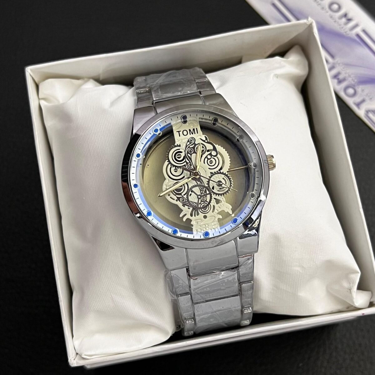 TOMI Skeleton Dial Watch for Men – Metallic Chain | Quartz Movement | Gift Box Included - Image 9
