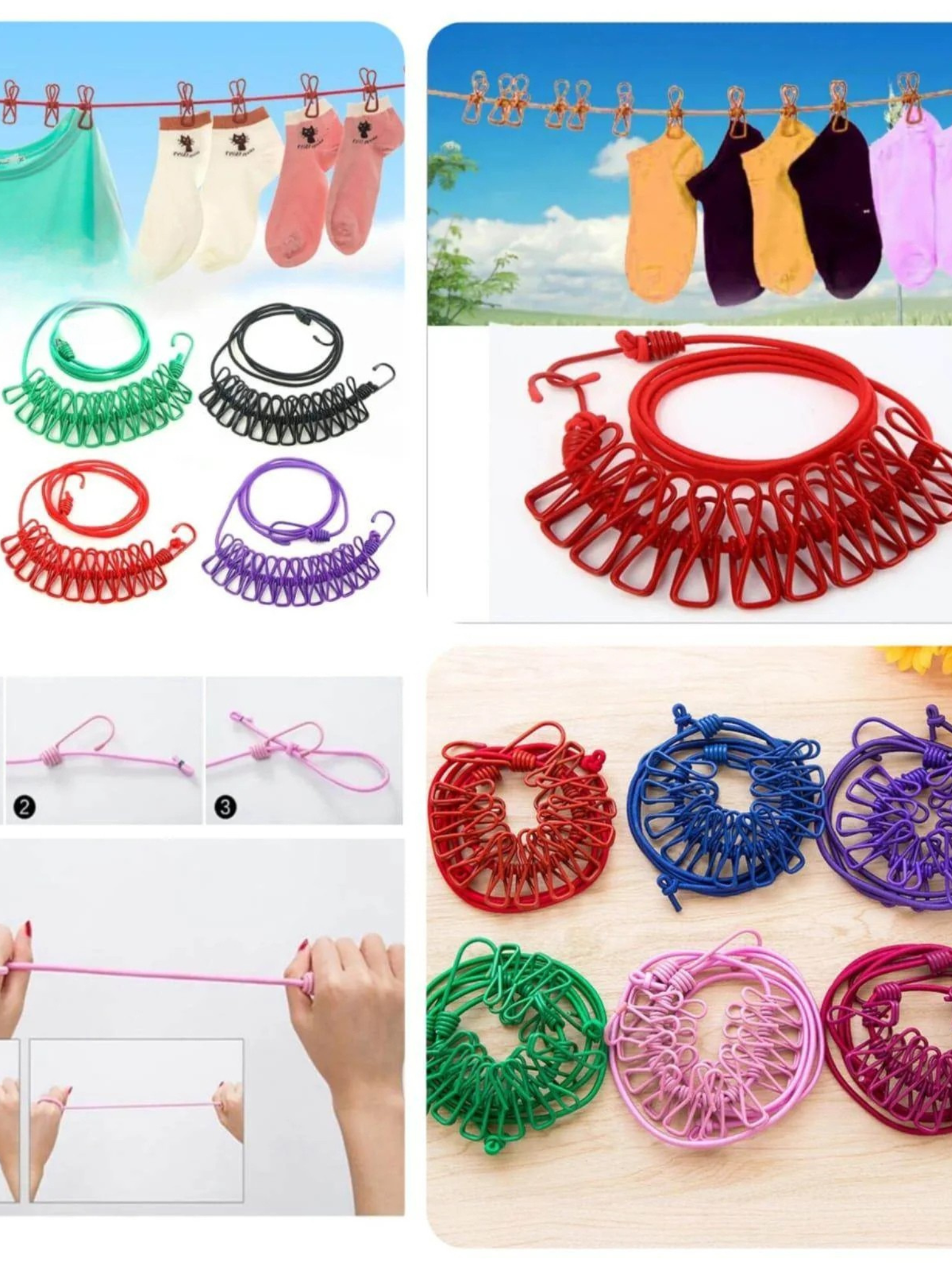 holder (1) Portable Elastic Rope Washing Line With 12 Clips  Random Colors - Image 1