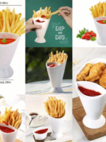 🍟 Plastic French Fry Cone Holder with Dipping Sauce Cup – White - Image 3