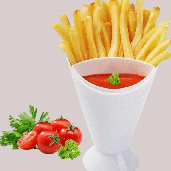 🍟 Plastic French Fry Cone Holder with Dipping Sauce Cup – White